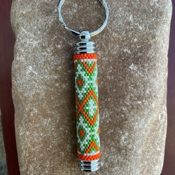 ORANGE Green and White Hidden Compartment Beaded Keychain, New, Handmade by Me - Picture 6 of 7